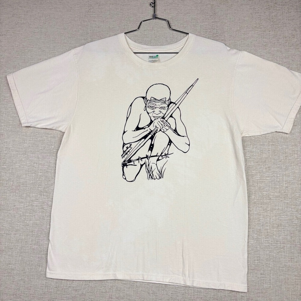 Anvil Organic Mens XL Cream Graphic T-Shirt San Bushman Hunter Bow Arrow Cotton